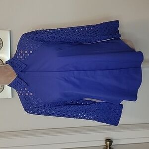 Tracy M, Eyelet Accent Fitted Button Down Blouse, Purplish Blue Color, NWT.